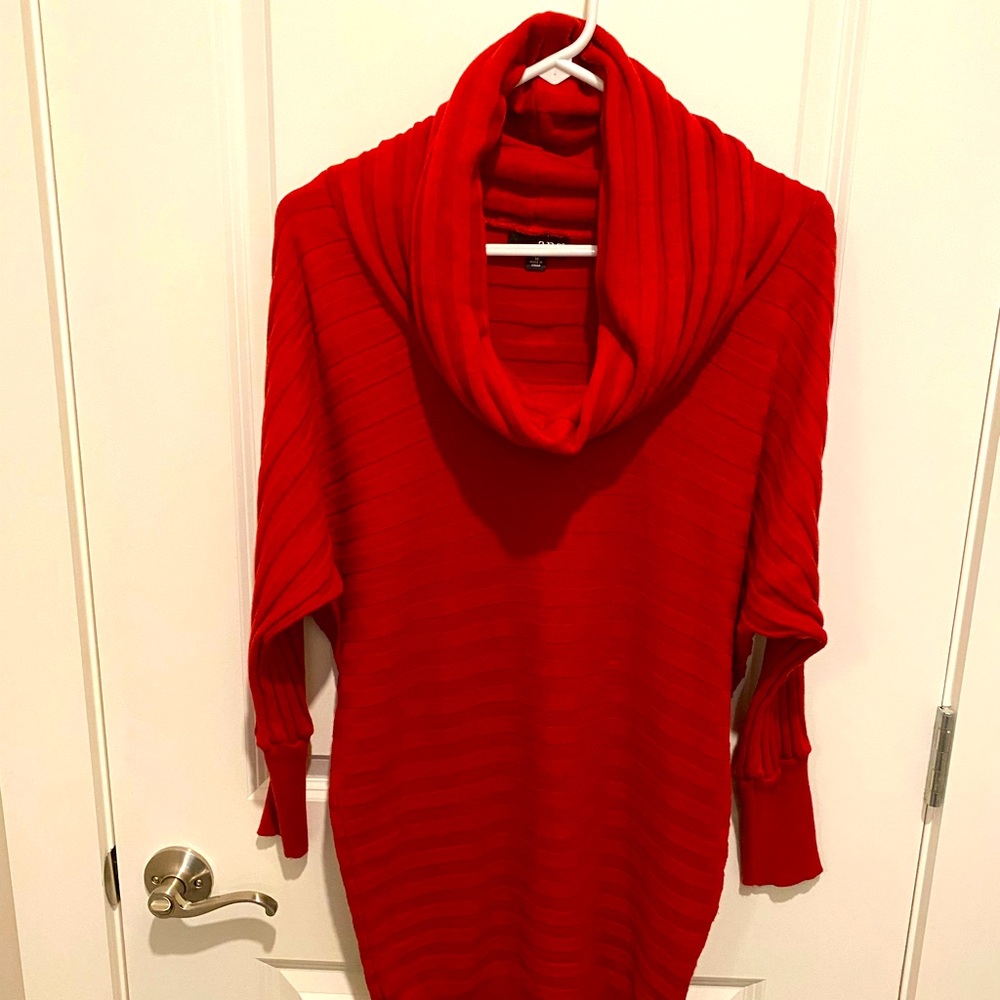 Beautiful A.N.A Long Red Cowl Neck Sweater. Size Medium. Cotton/Polyester Blend.